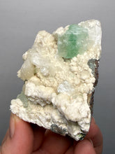 Load image into Gallery viewer, High-Grade Gemmy Green Apophyllite on White Stilbite  | Deccan Traps, Maharashtra, India
