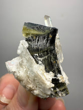 Load image into Gallery viewer, Self-healed Blue and Green Cap Stak Nala Tourmaline w Double Terminated Quartz on Cleavelandite Matrix – Haramosh Mountains, Pakistan
