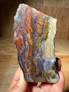 PREMIUM SELF STANDING DISPLAY or LAPIDARY SLAB • Moroccan “Dream Landscape Jagate” (Purple, Teal, Red, Green, Red, Yellow & Orange Moss Plume Agate + Jasper) Stone End Cap • High Atlas Mountains • Unpolished