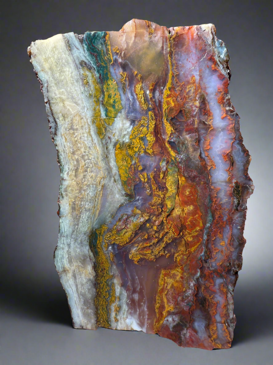 PREMIUM DISPLAY or LAPIDARY SLAB • Moroccan “Dream Landscape Jagate” (Purple, Teal, Red, Green, Red, Yellow & Orange Moss Plume Agate + Jasper) Stone • Double Sided • High Atlas Mountains • Unpolished