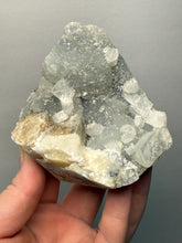Load image into Gallery viewer, 3.6” Clear Apophyllite + Golden Calcite on Druzy Blue Chalcedony — Deccan Traps, Maharashtra, India
