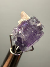 Load image into Gallery viewer, Rhodochrosite + Quartz on Purple Isometric Fluorite (Thumbnail Specimen) | Wutong Mine, China
