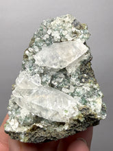 Load image into Gallery viewer, Double Terminated Scalenohedral Optical Calcite on Druzy Apophyllite &amp; Green Heulandite | Maharashtra, India
