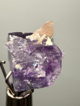 Load image into Gallery viewer, Rhodochrosite + Quartz on Purple Isometric Fluorite (Thumbnail Specimen) | Wutong Mine, China
