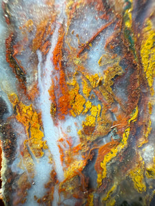 PREMIUM SELF STANDING DISPLAY or LAPIDARY SLAB • Moroccan “Dream Landscape Jagate” (Purple, Teal, Red, Green, Red, Yellow & Orange Moss Plume Agate + Jasper) Stone End Cap • High Atlas Mountains • Unpolished