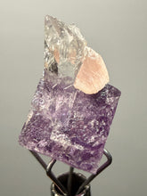 Load image into Gallery viewer, Rhodochrosite + Quartz on Purple Isometric Fluorite (Thumbnail Specimen) | Wutong Mine, China

