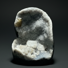 Load image into Gallery viewer, 3.7” Clear Apophyllite + Golden Calcite on Druzy Blue Chalcedony Stalactites— Deccan Traps, Maharashtra, India
