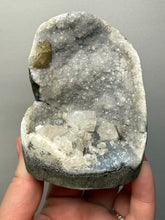 Load image into Gallery viewer, 3.7” Clear Apophyllite + Golden Calcite on Druzy Blue Chalcedony Stalactites— Deccan Traps, Maharashtra, India
