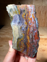 Load image into Gallery viewer, PREMIUM SELF STANDING DISPLAY or LAPIDARY SLAB • Moroccan “Dream Landscape Jagate” (Purple, Teal, Red, Green, Red, Yellow &amp; Orange Moss Plume Agate + Jasper) Stone End Cap • High Atlas Mountains • Unpolished
