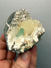 Load image into Gallery viewer, High-Grade Gemmy Green Apophyllite on White Stilbite  | Deccan Traps, Maharashtra, India
