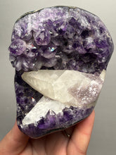 Load image into Gallery viewer, Druzy Amethyst on White Cathedral Calcite on Amethyst Cluster | Uruguay
