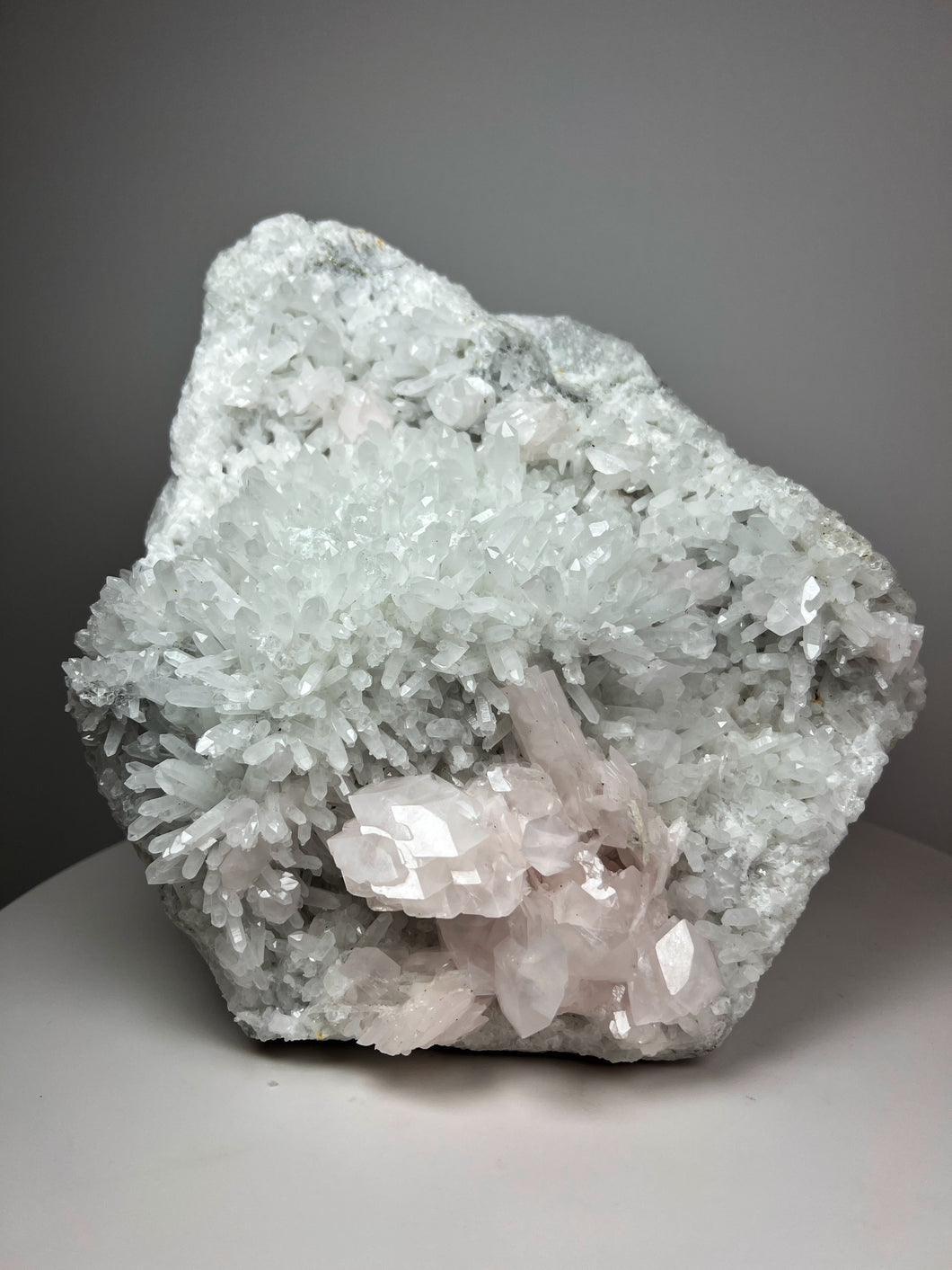 Pink Pedal Calcite on Snowy Clear Quartz Cluster • High Grade • Mineral Collector’s Specimen Showpiece