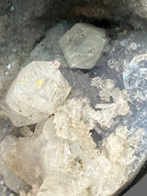 Load image into Gallery viewer, 3.7” Clear Apophyllite + Golden Calcite on Druzy Blue Chalcedony Stalactites— Deccan Traps, Maharashtra, India
