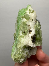 Load image into Gallery viewer, Electric Green Diopside on Quartz – Collector Mineral Specimen (Gilgit-Baltistan) Pakistan
