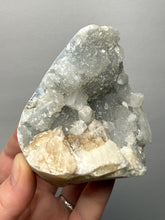 Load image into Gallery viewer, 3.6” Clear Apophyllite + Golden Calcite on Druzy Blue Chalcedony — Deccan Traps, Maharashtra, India
