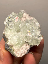 Load image into Gallery viewer, Light Mint Green “Disco Ball” Radial Apophyllite on Pink &amp; Green Heulandite — Deccan Traps, India
