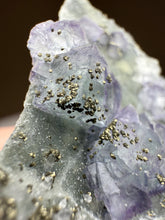Load image into Gallery viewer, Bi-Color Purple &amp; Green Fluorite + Druzy Golden Pyrite on Druzy Silver Chalcedony • China
