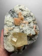 Load image into Gallery viewer, XXL Museum-Quality Golden Optical Calcite &amp; Red Heulandite Encrusted Pink Stilbite on Druzy Chalcedony | India | Mineral Display Showpiece Specimen
