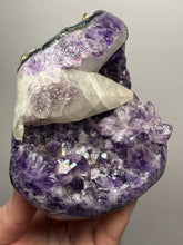 Load image into Gallery viewer, Druzy Amethyst on White Cathedral Calcite on Amethyst Cluster | Uruguay
