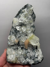 Load image into Gallery viewer, High-Grade Green Apophyllite with Pink Stilbite on Black Chalcedony – Deccan Traps, India
