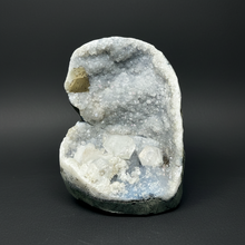 Load image into Gallery viewer, 3.7” Clear Apophyllite + Golden Calcite on Druzy Blue Chalcedony Stalactites— Deccan Traps, Maharashtra, India
