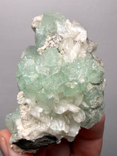 Load image into Gallery viewer, High-Grade Gemmy Green Apophyllite on White Stilbite  | Deccan Traps, Maharashtra, India
