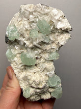 Load image into Gallery viewer, High-Grade Gemmy Green Apophyllite on White Stilbite  | Deccan Traps, Maharashtra, India
