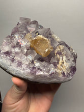 Load image into Gallery viewer, Golden Cubic Calcite on Amethyst Cluster | Maharashtra, India (Collector Specimen)
