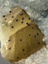 Load image into Gallery viewer, 3.7” Clear Apophyllite + Golden Calcite on Druzy Blue Chalcedony Stalactites— Deccan Traps, Maharashtra, India
