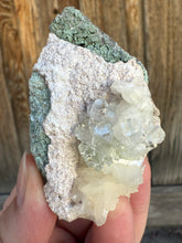 Load image into Gallery viewer, Light Mint Green (Disco Ball) Radial Apophyllite + White Stilbite on Green Heulandite Zeolite • Maharashtra, India
