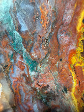 Load image into Gallery viewer, PREMIUM SELF STANDING DISPLAY or LAPIDARY SLAB • Moroccan “Dream Landscape Jagate” (Purple, Teal, Red, Green, Red, Yellow &amp; Orange Moss Plume Agate + Jasper) Stone End Cap • High Atlas Mountains • Unpolished
