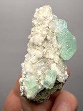 Load image into Gallery viewer, High-Grade Gemmy Green Apophyllite on White Stilbite  | Deccan Traps, Maharashtra, India

