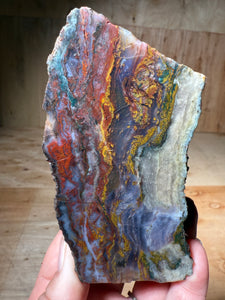 PREMIUM SELF STANDING DISPLAY or LAPIDARY SLAB • Moroccan “Dream Landscape Jagate” (Purple, Teal, Red, Green, Red, Yellow & Orange Moss Plume Agate + Jasper) Stone End Cap • High Atlas Mountains • Unpolished