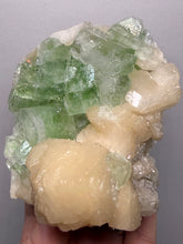 Load image into Gallery viewer, High-Grade Gemmy Green Apophyllite on White Stilbite  | Deccan Traps, Maharashtra, India
