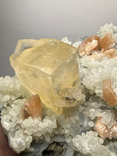 Load image into Gallery viewer, XXL Museum-Quality Golden Optical Calcite &amp; Red Heulandite Encrusted Pink Stilbite on Druzy Chalcedony | India | Mineral Display Showpiece Specimen

