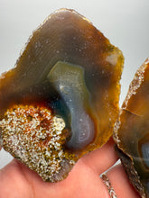 Load image into Gallery viewer, High-Grade Indonesian Sumatra Agate Pair – Vibrant Banded Chalcedony with Rich Color Zoning | Ethical Lapidary &amp; Collector Display Specimens
