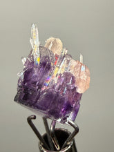 Load image into Gallery viewer, Rhodochrosite + Quartz on Purple Isometric Fluorite (Thumbnail Specimen) | Wutong Mine, China
