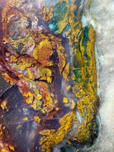 Load image into Gallery viewer, PREMIUM SELF STANDING DISPLAY or LAPIDARY SLAB • Moroccan “Dream Landscape Jagate” (Purple, Teal, Red, Green, Red, Yellow &amp; Orange Moss Plume Agate + Jasper) Stone End Cap • High Atlas Mountains • Unpolished
