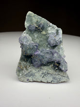 Load image into Gallery viewer, Bi-Color Purple &amp; Green Fluorite + Druzy Golden Pyrite on Druzy Silver Chalcedony • China

