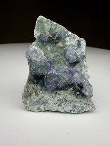 Bi-Color Purple & Green Fluorite + Druzy Golden Pyrite on Druzy Silver Chalcedony • China