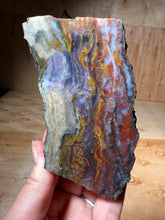 Load image into Gallery viewer, PREMIUM SELF STANDING DISPLAY or LAPIDARY SLAB • Moroccan “Dream Landscape Jagate” (Purple, Teal, Red, Green, Red, Yellow &amp; Orange Moss Plume Agate + Jasper) Stone End Cap • High Atlas Mountains • Unpolished
