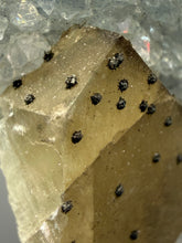 Load image into Gallery viewer, 3.7” Clear Apophyllite + Golden Calcite on Druzy Blue Chalcedony Stalactites— Deccan Traps, Maharashtra, India
