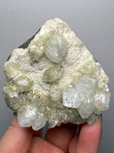 Load image into Gallery viewer, High-Grade Gemmy Green Apophyllite on White Stilbite  | Deccan Traps, Maharashtra, India
