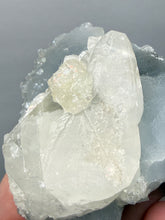 Load image into Gallery viewer, Clear Apophyllite + Golden Calcite on Druzy Blue Chalcedony — Deccan Traps, Maharashtra, India
