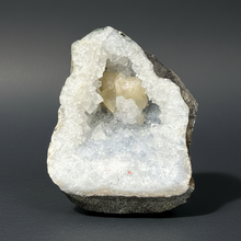 Load image into Gallery viewer, Golden Calcite on Blue Druzy Quartz — Deccan Traps, Maharashtra, India | Collector Display Specimen

