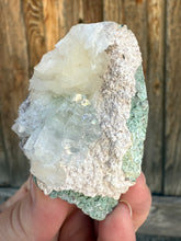 Load image into Gallery viewer, Light Mint Green (Disco Ball) Radial Apophyllite + White Stilbite on Green Heulandite Zeolite • Maharashtra, India
