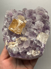 Load image into Gallery viewer, Golden Cubic Calcite on Amethyst Cluster | Maharashtra, India (Collector Specimen)
