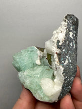 Load image into Gallery viewer, High-Grade Gemmy Green Apophyllite on White Stilbite  | Deccan Traps, Maharashtra, India
