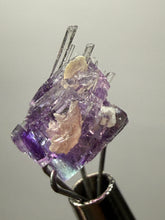 Load image into Gallery viewer, Rhodochrosite + Quartz on Purple Isometric Fluorite (Thumbnail Specimen) | Wutong Mine, China

