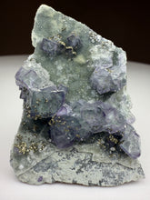 Load image into Gallery viewer, Bi-Color Purple &amp; Green Fluorite + Druzy Golden Pyrite on Druzy Silver Chalcedony • China
